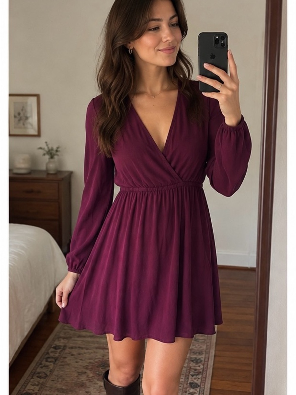 Old Navy Long Sleeve V-Neck Skater Dress in Maroon